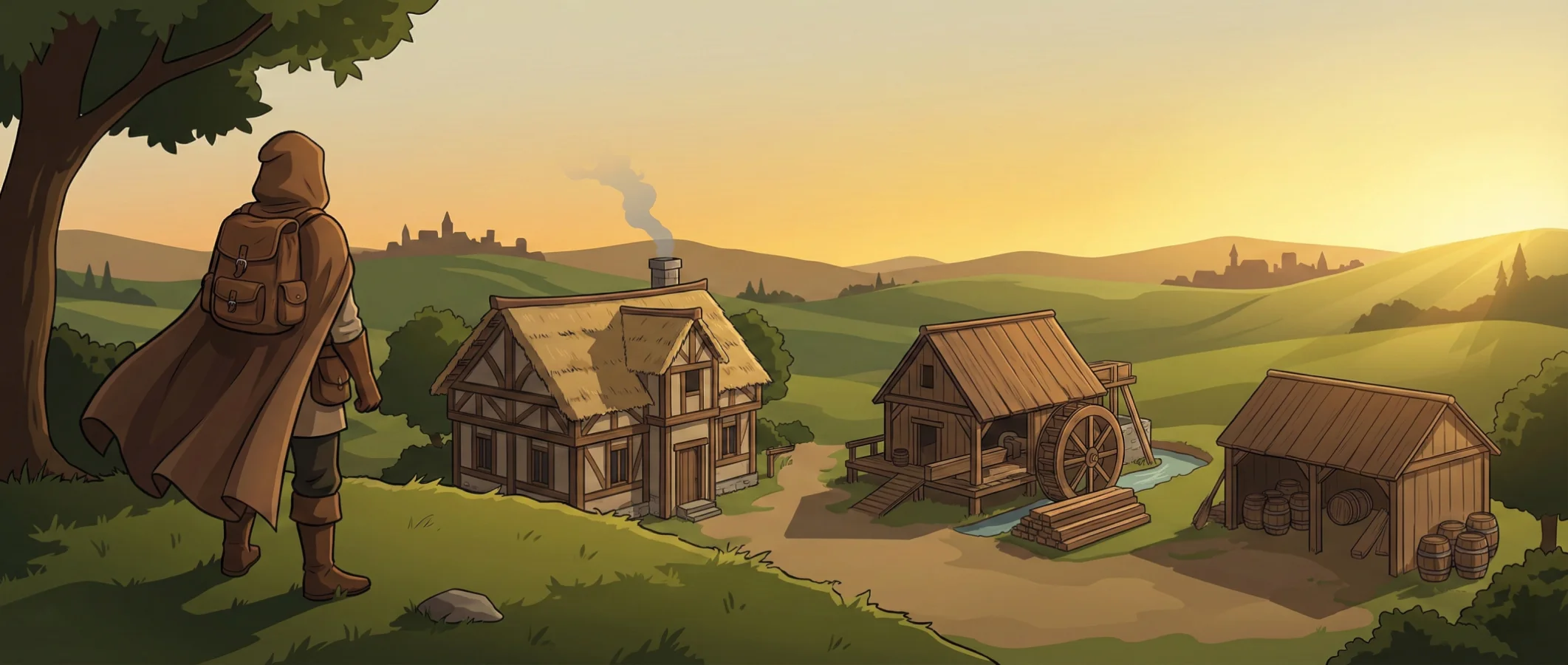 A medieval village in Nandonia with buildings, rolling hills, and a sunset sky