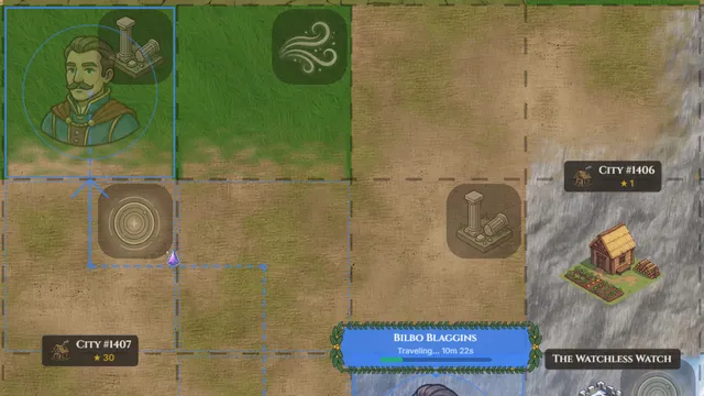 Envoys travelling across the world map, with a ruin and points of interest nearby