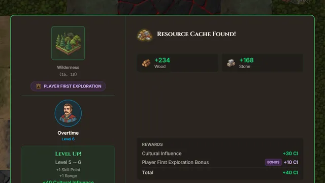 Resource cache found on a first exploration, with a level up