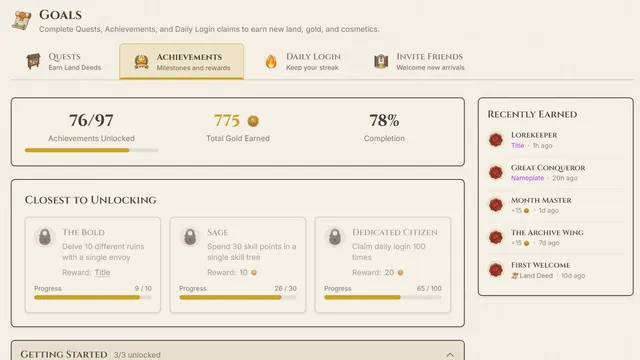 Achievements tab showing 76 of 97 unlocked, with titles and nameplates among the rewards