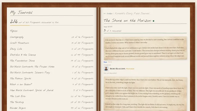 The Journal showing 216 of 927 fragments discovered, topics with counts, and a recovered page