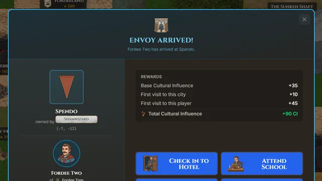 Envoy arrived at another player's city, with rewards and the actions available there
