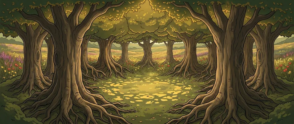 The Evergrove key art: a ring of ancient trees around a sunlit clearing